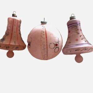 Vintage Very Delicate Glass Ornaments Pink Lavender Bells 3" + 4" Ball Set of 3